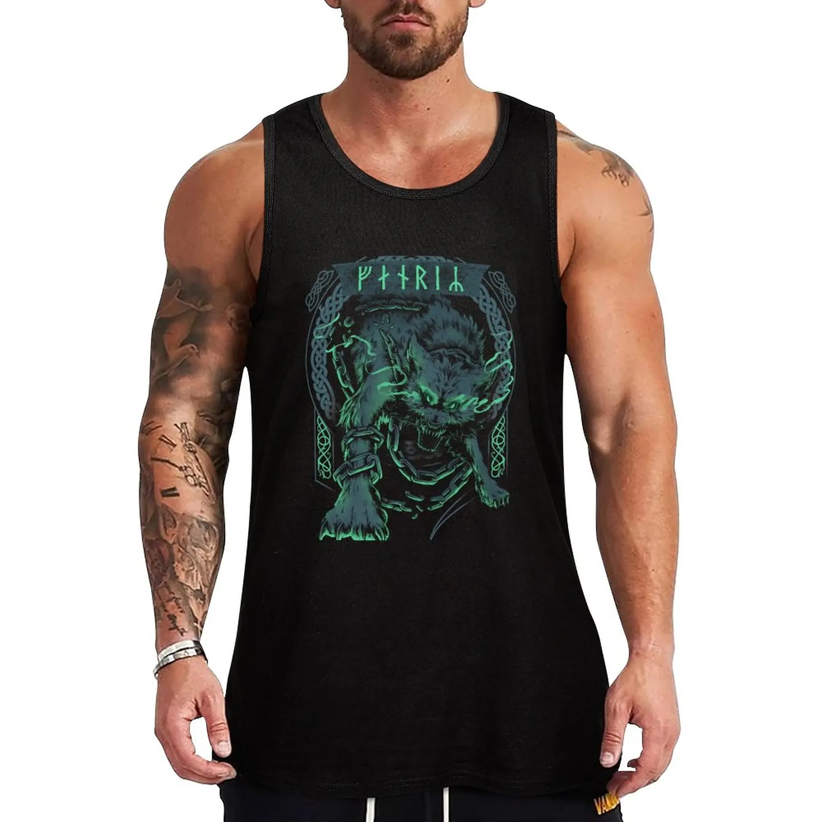 

Fenrir Wolf Norse Futhark Runes Viking Mythology Ragnarok Green Tank Top gym accessories men Gym T-shirts for men Men's t shirt
