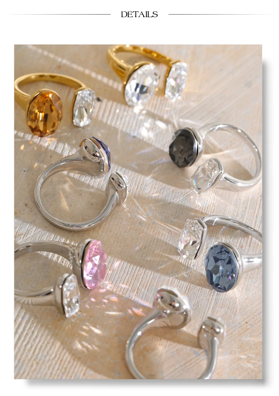 Yhpup Mehrfarbiger Edelstahl-Ovalring mit K9-Kristall, verstellbar, für Damen, 18K Goldfarben, PVD-beschichtet, glänzend, beliebter Schmuck – Detail 10