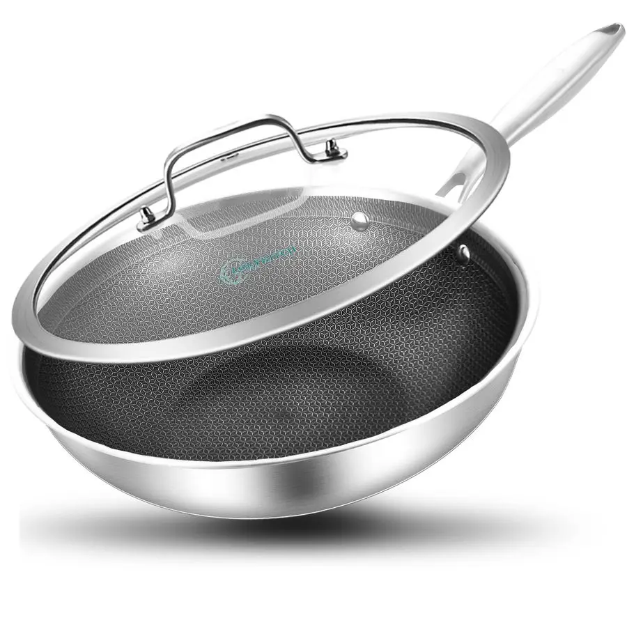 

Гибридная 10-дюймовая сковорода-вок из трехслойной нержавеющей стали с крышкой, керамическая антипригарная сковорода для жарки, индукционная сковорода, подходит для посудомоечной машины и духовки