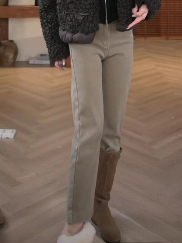 

Джинсы цвета хаки для женщин, с высокой талией, на флисовой подкладке, облегающие, прямого кроя, осенне-зимние, модные, элегантные