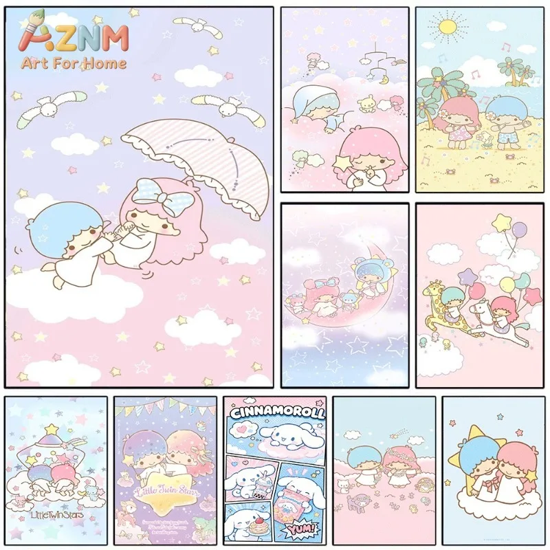 Sanrio Little Twin Stars Cloud Umbrella Seagull Canvas Wall Art Unframed Canvas Poster Print for Girls Bedroom Home Decor Gift