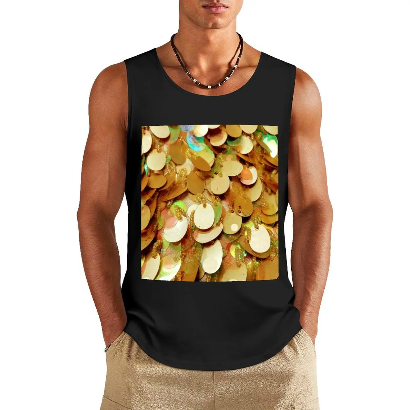 Photographic Image of Large Gold Sequins Tank Top fitness clothing for men Men's t shirt t-shirt gym man muscle t-shirt