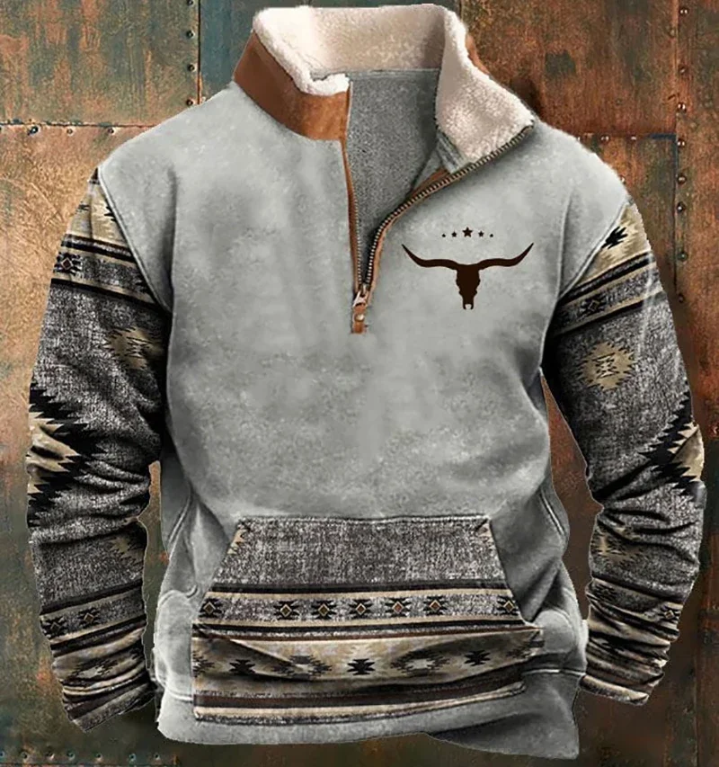 

Autumn Winter Men's Fleece Warm Tactical Sweatshirt Retro Printed Long Sleeve Semi-zipper Stand Collar Hooded Pullover Sweater