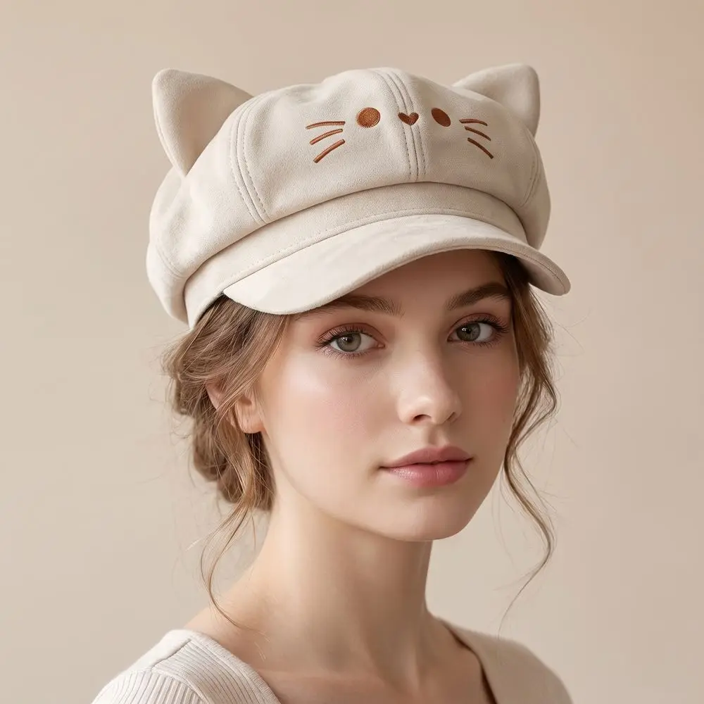 Cute Embroidery Embroidered Cat Ears Beret Spice Girl Lollita Octagonal Hat Y2K Cute Newsboy Hat Photography Prop