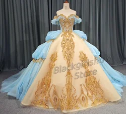 Party Desses15 Quinceanera Gold Blue Victorian Luxury Elegant Ruffle Glitter Crystal Applique Lace فساتين quinceanera