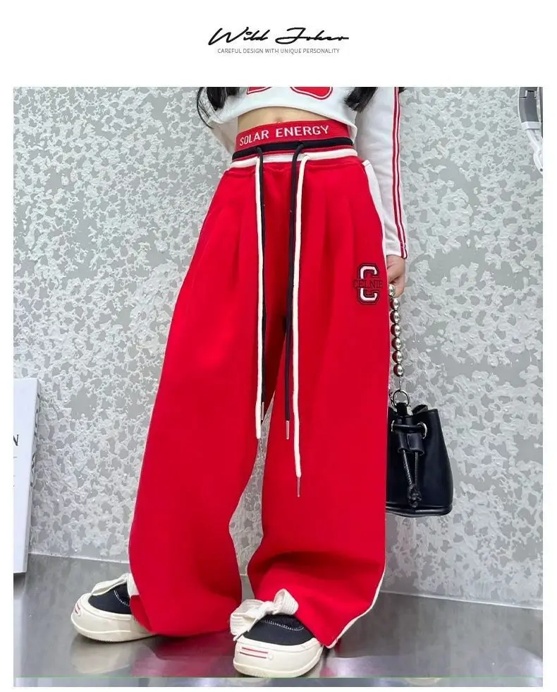 Casual red Sports Loose-Fit Bottoms Autumn/Winter 2025 New Style Children's Pants For Girls Age 2-10