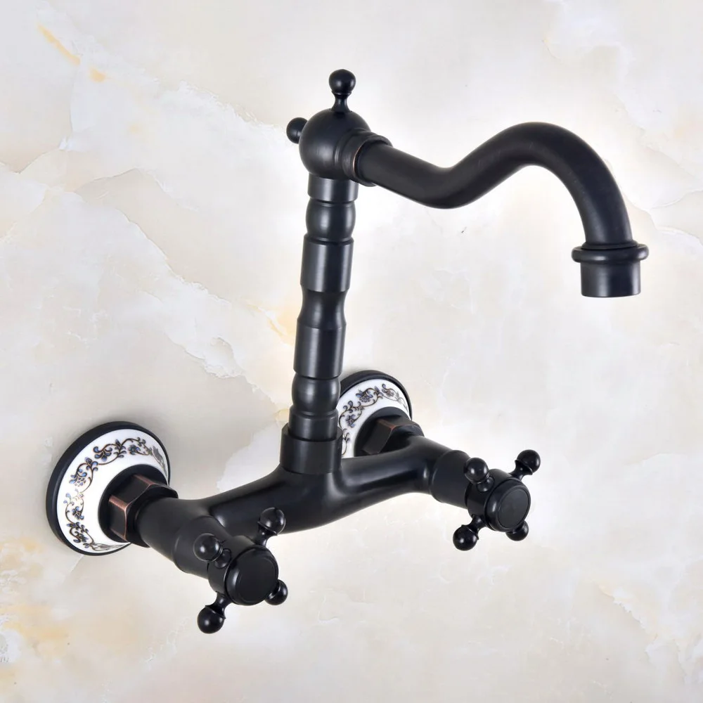 

Black Oil Rubbed Bronze Bathroom & Kitchen Faucet Swivel Spout Cold & Hot Tap Double Cross Handles Mixer Tap tnf816