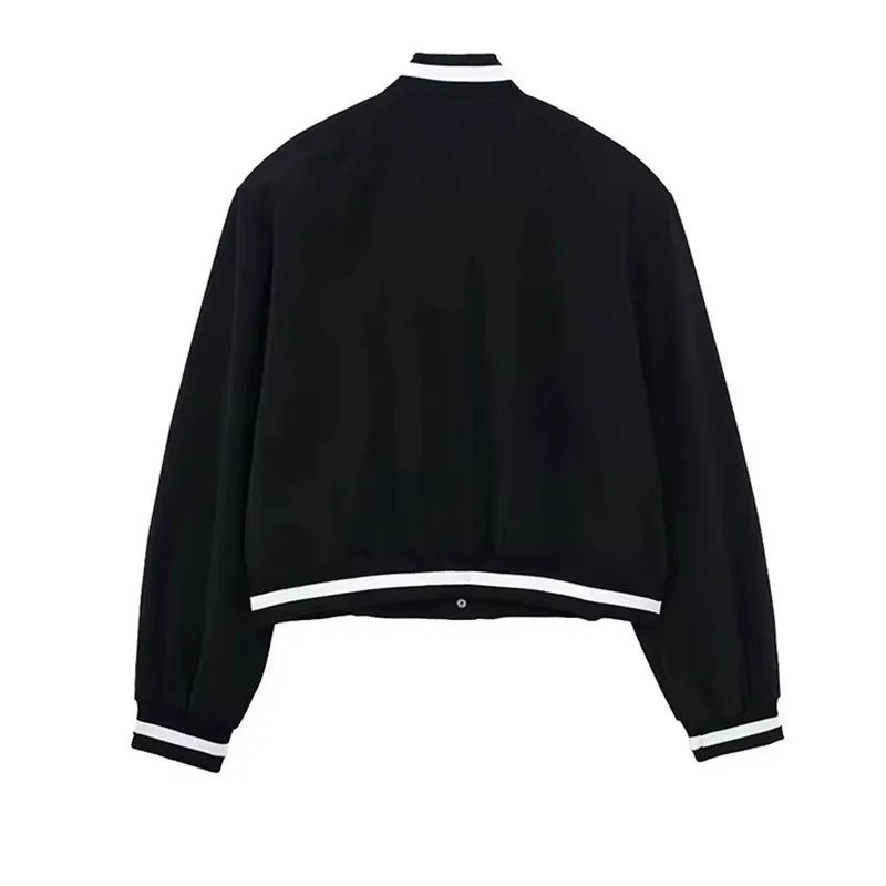 Moda 2025 chaqueta Bomber Lisa negra para mujer, abrigo recortado con botones de manga larga, Tops Retro Chic para mujer, ropa de calle para mujer