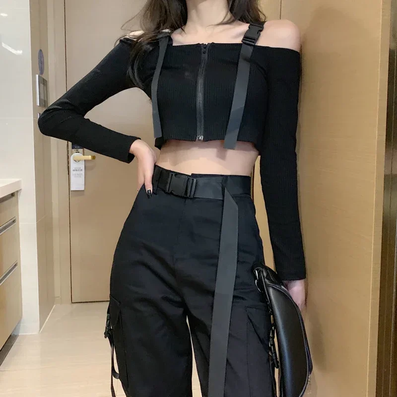 Black Gothic Women Sets 2023 Spring Summer 2 Piece Set Sexy Crop Top Cargo Pants High Waist Trousers Hip Hop Women's clothing