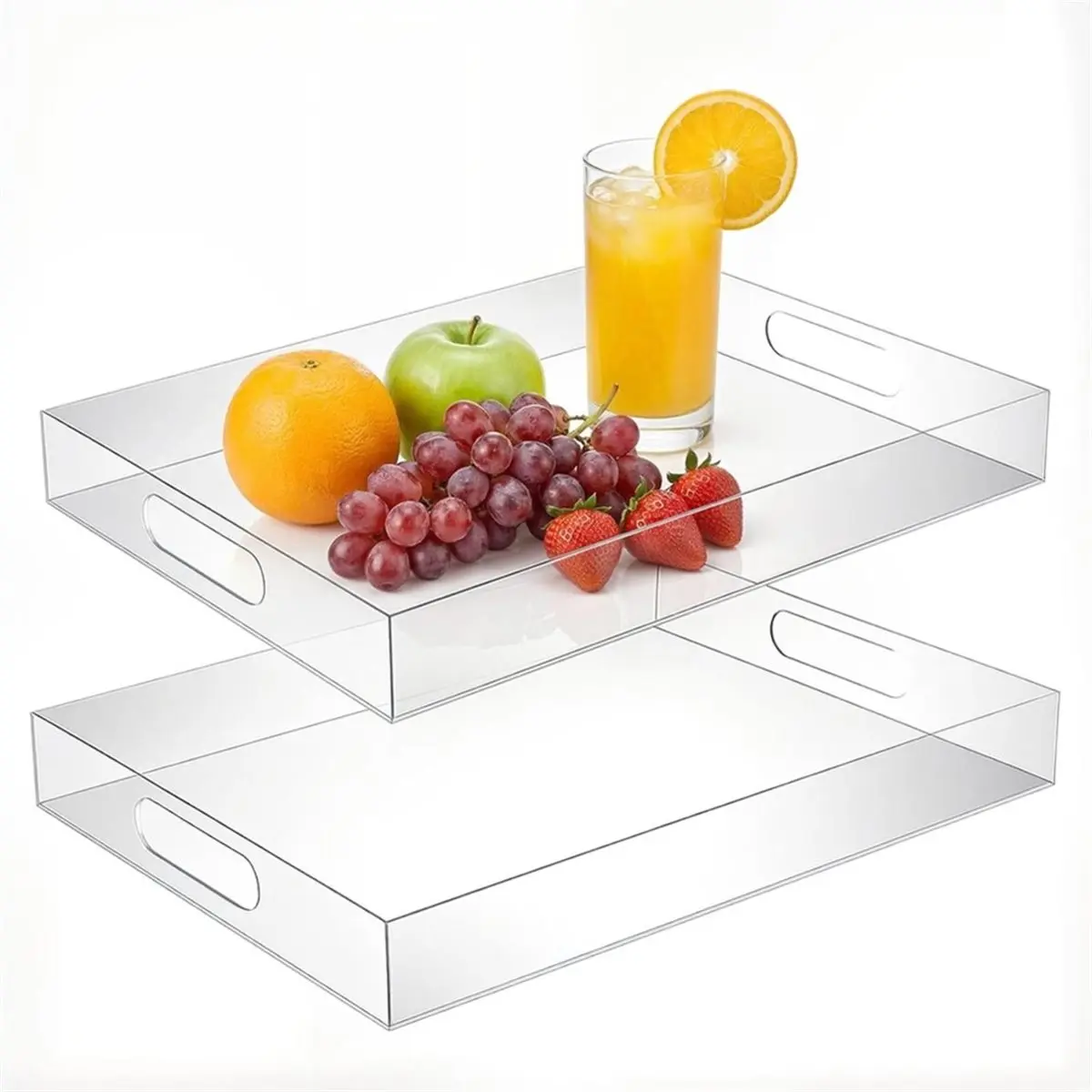 (A95Z] Set of 2 Clear Acrylic Serving Tray, 16" X 12" & 15.4" X 11.9" Decorative Serving Trays with Handles, Clear Luxury Trays