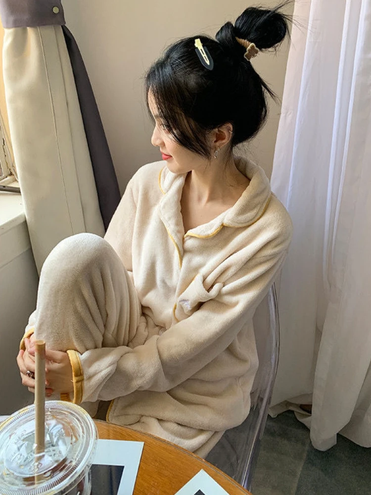 

Пижамные комплекты женские утепленные со вставками дизайн теплые простые свободные базовые мягкие повседневные пижамы в корейском стиле домашняя повседневная модная классическая одежда