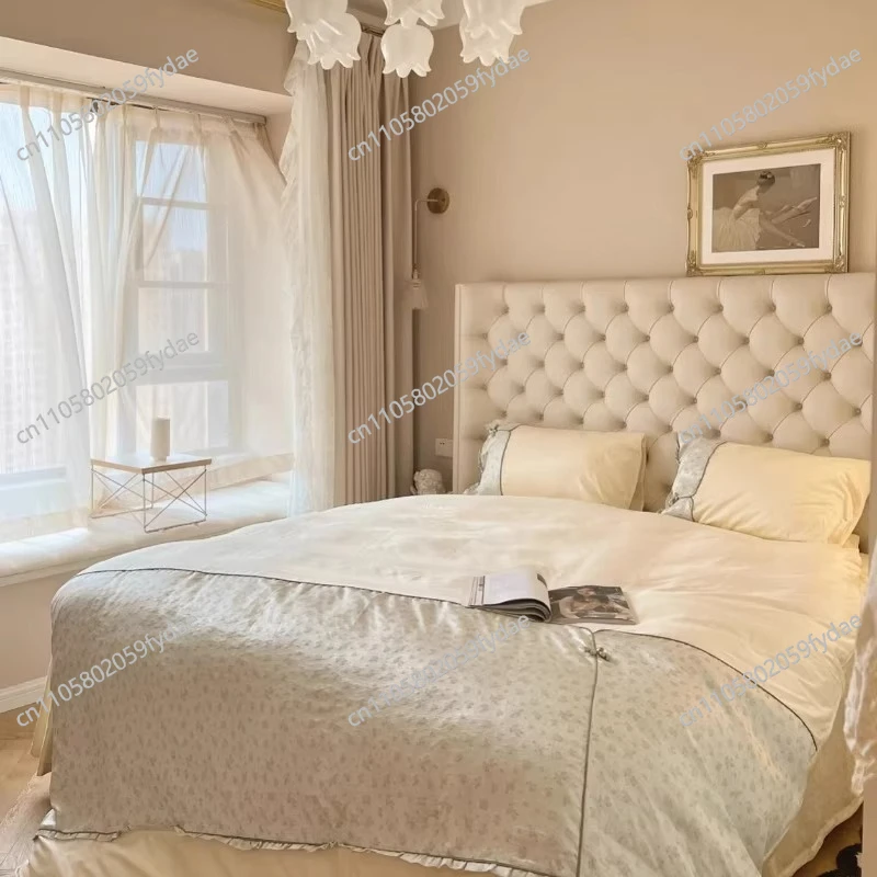 

French retro leather bed cream wind master bedroom small apartment light luxury wedding bed soft bag double bed