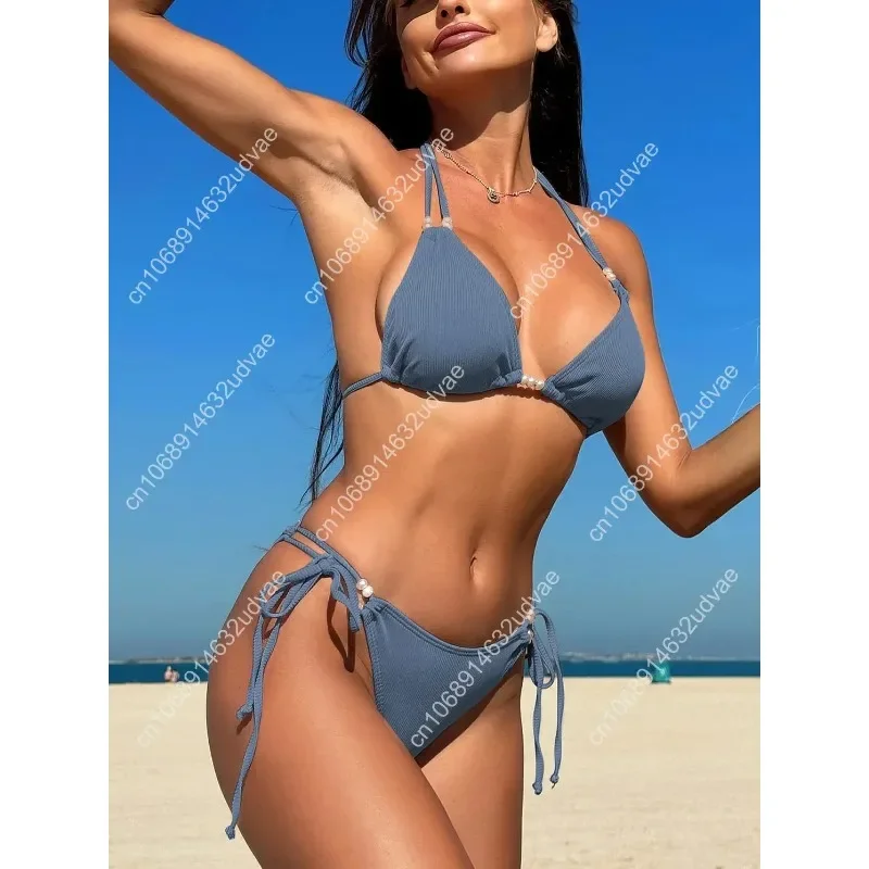 TASHEHE Women's Triangle String Bikini Set Sexy Tie Side Two Piece Swimsuit Cute Halter Bathing Suit view 5