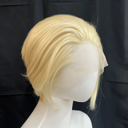 Imagen 2 del producto Peluca rubia Ashely, peluca corta con malla frontal 13*4 para hombre, peluca de Cosplay, línea de cabello natural, pelucas de encaje sintético de fibras de alta temperatura