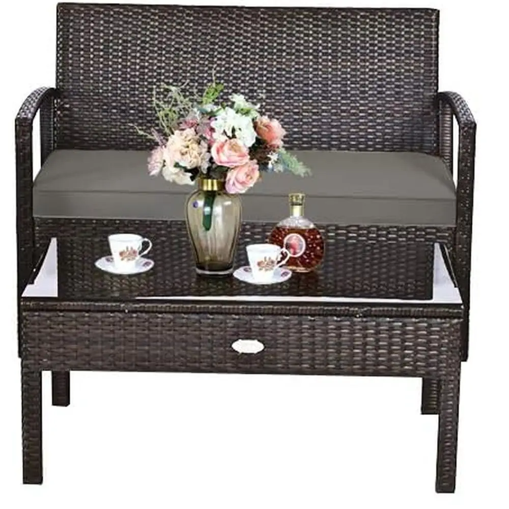 

Набор мебели для патио из 4 предметов с плетеным двухместным диваном из ротанга, диваном, мягкими сиденьями и стеклянным журнальным столиком