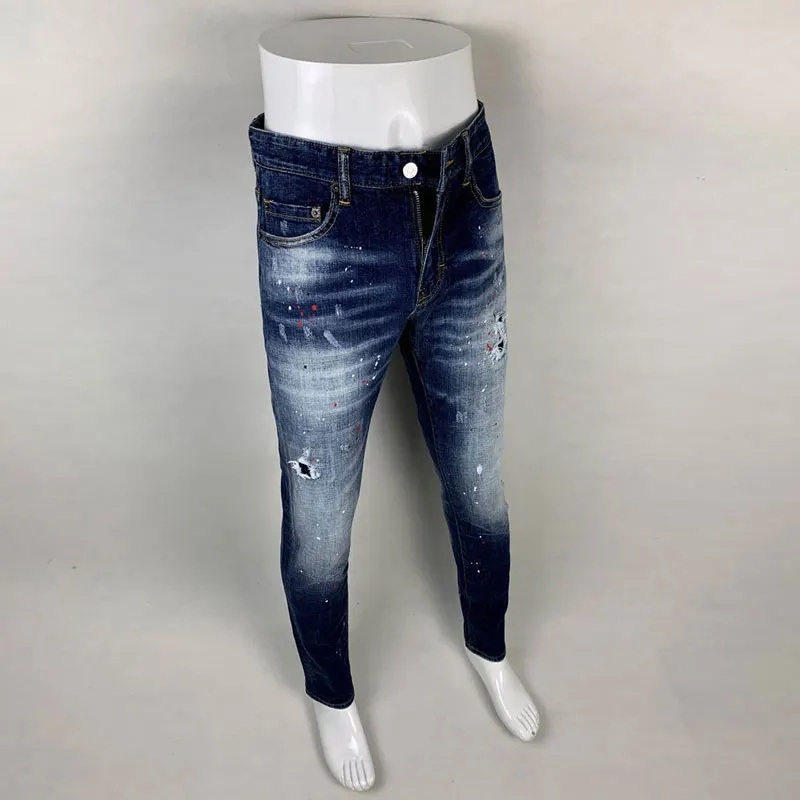 Newly Designer Fashion Men Jeans High Quality Retro Blue Stretch Slim Fit Ripped Jeans Men Vintage Trousers Brand Pants Hombre