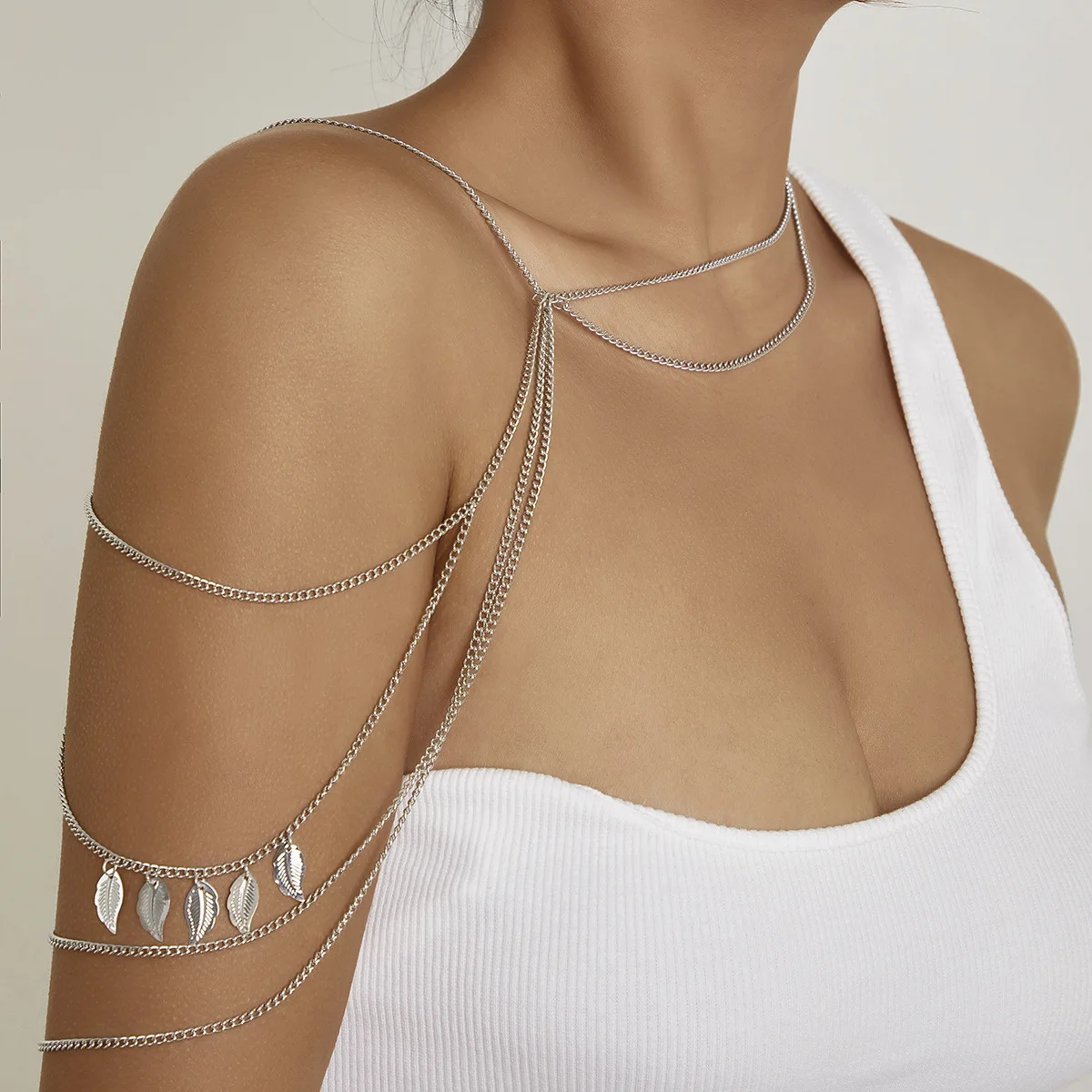 Arm Chain How Long Retro Punk Body Chain Creative Metal Leaves Tassel Shoulder Necklace Sexy Woman Jewelry Accessories bikinis