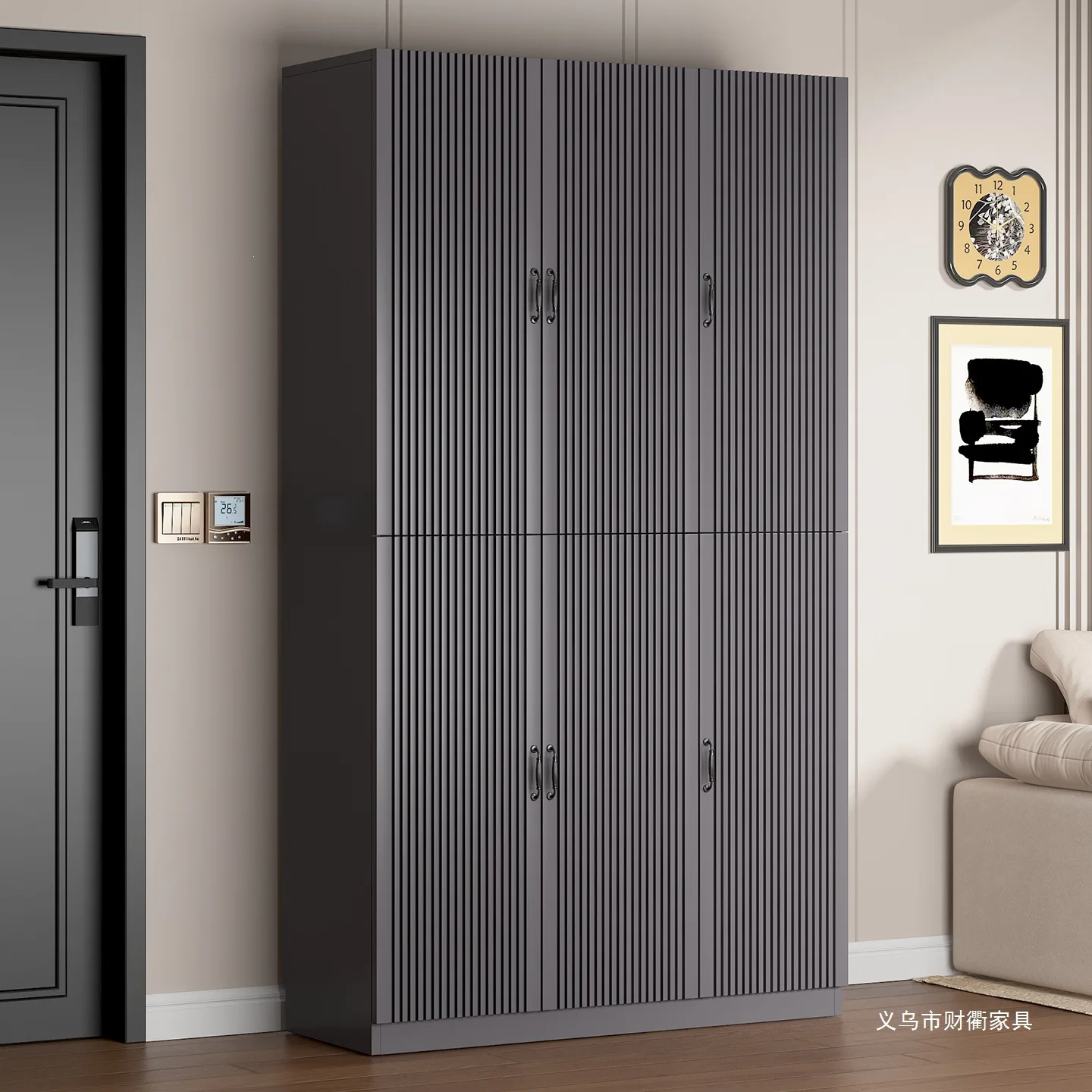 Narrow and high shoes integrated against the wall for household use, outside the entrance corridor corridor storage porch
