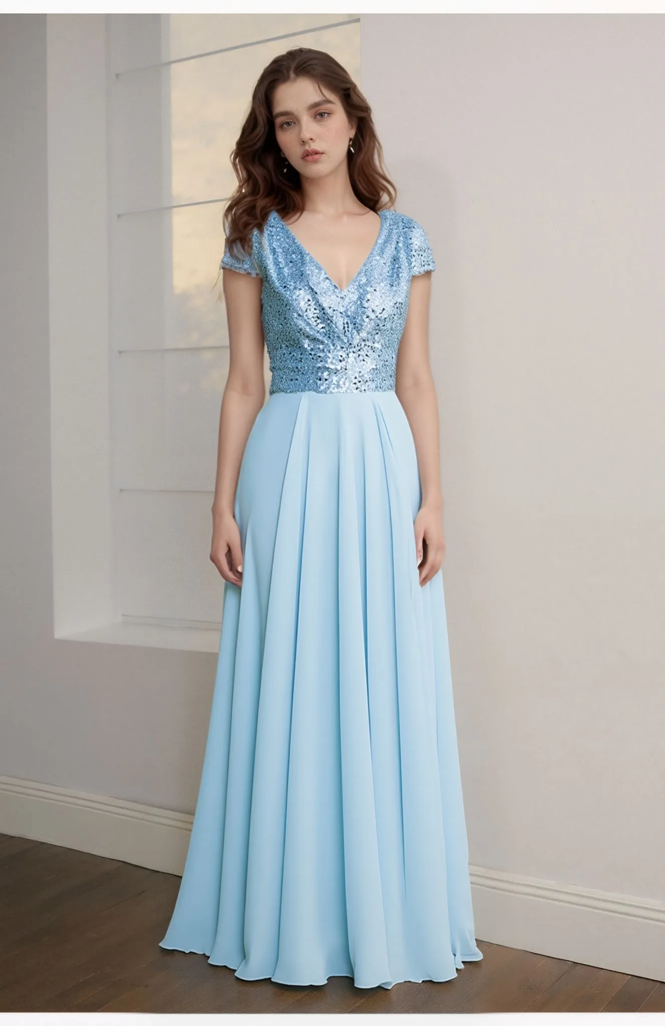 Summer New V-neck Sequined Chiffon Stitching Evening Dress Long Dress Concert Wedding Bridesmaid Dress Sweet A-line Skirt Gown