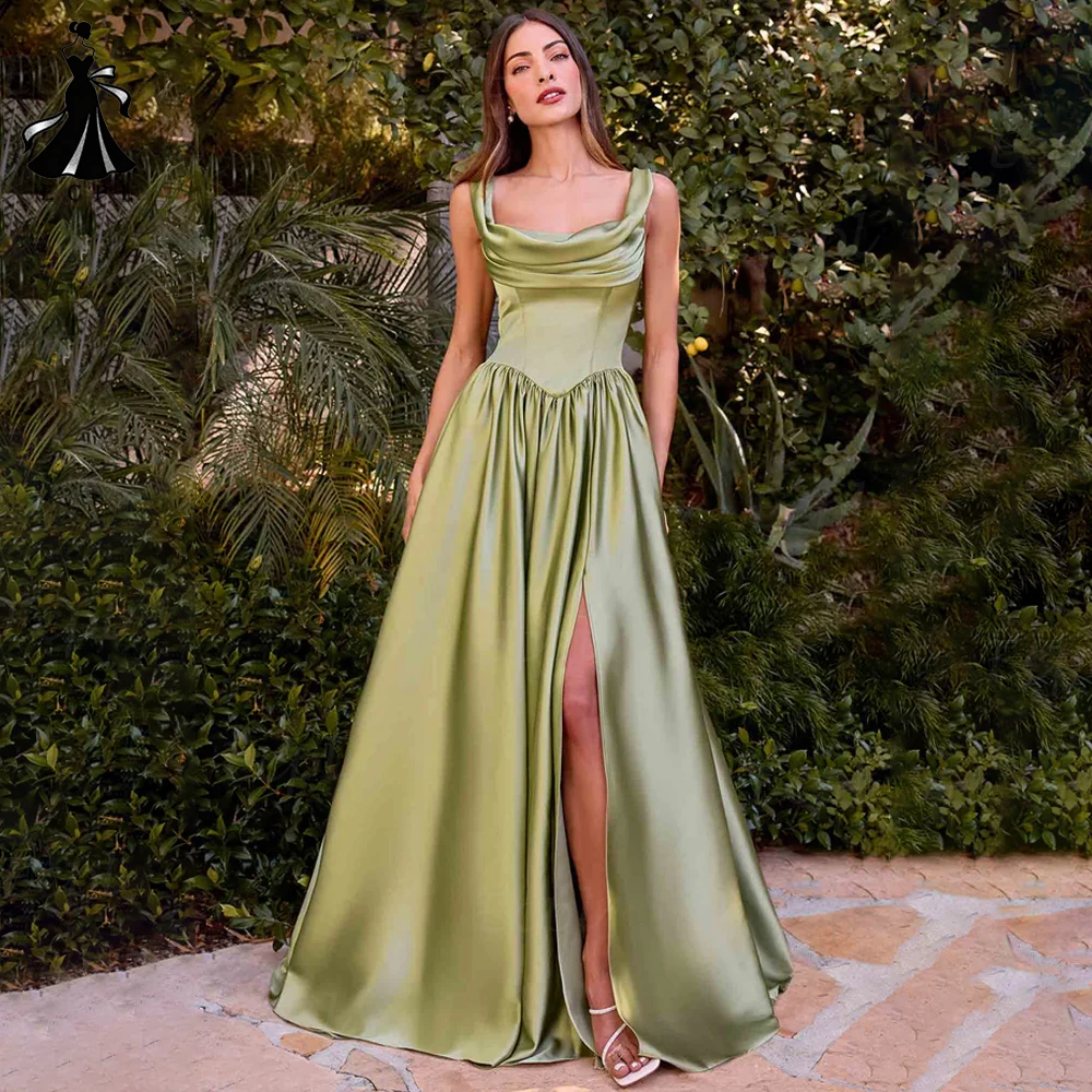 

Ecpl Spaghetti Straps Sleeveless Prom Party Dresses A-Line Side Slit Evening Gowns Satin Back Lace Up فساتين سهرة فخ