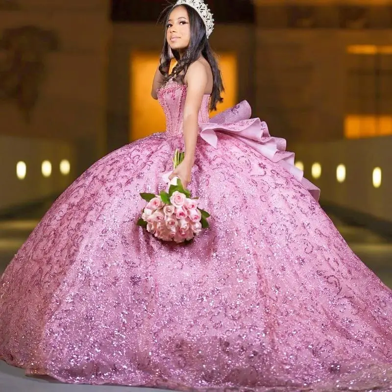 Pink Shiny Ball Gown Quinceanera Dresses Sequin Appliques Lace Beads Crysal Tull Off Shoulder Sweet 16 Years Vestidos 16 De