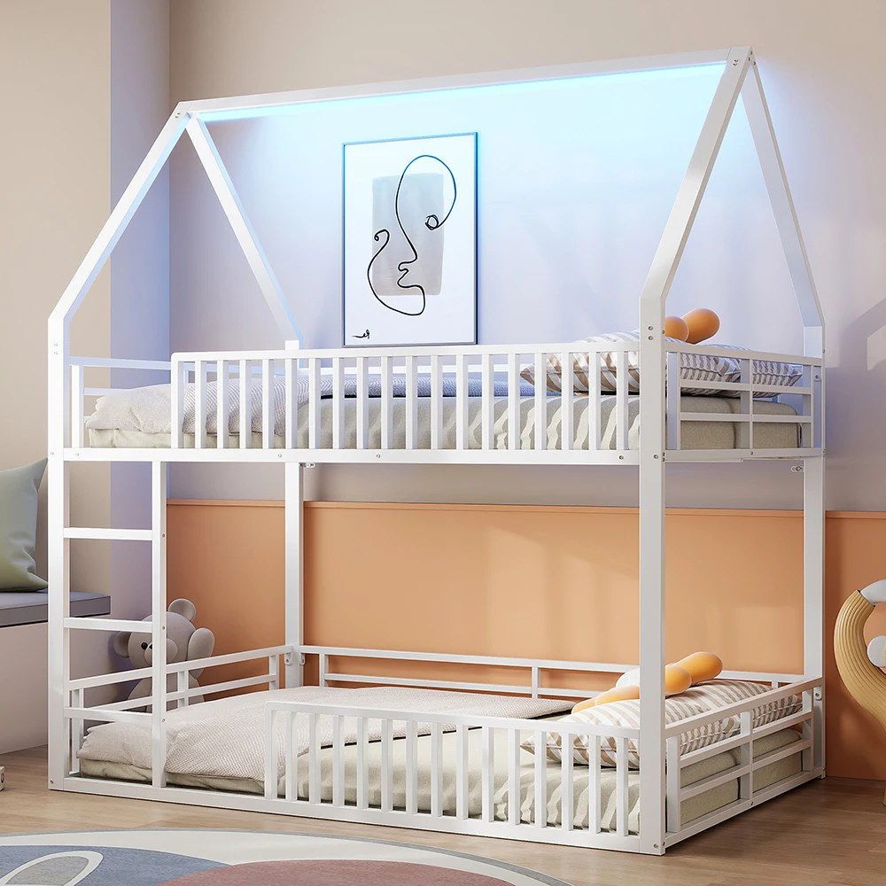KOMHTOM Cama Escalera Segura de 140x200 cm con Rejilla de Seguridad Estable e Iluminación LED Integrada, Robusta y Duradera