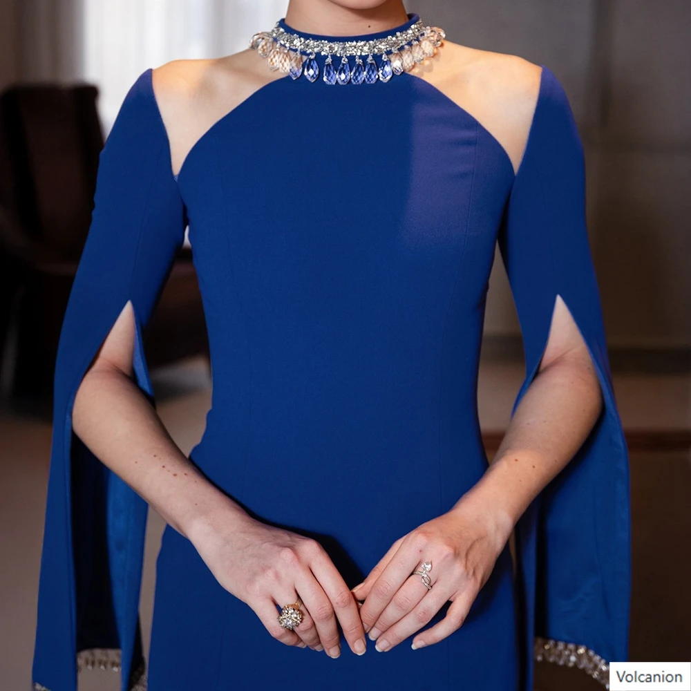 Abiti da sera a trapezio personalizzati Abito da ballo a maniche lunghe con collo alto lungo fino al pavimento Abito da festa casual drappeggiato semplice in cristallo di moda