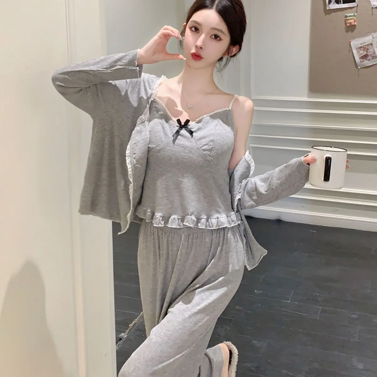 

Spring Autumn Modal 3PCS Pajamas Suit Women's Sexy Camisole Pants Cardigan Sleepwear Home Clothes Intimate Lingerie Lounge Wear