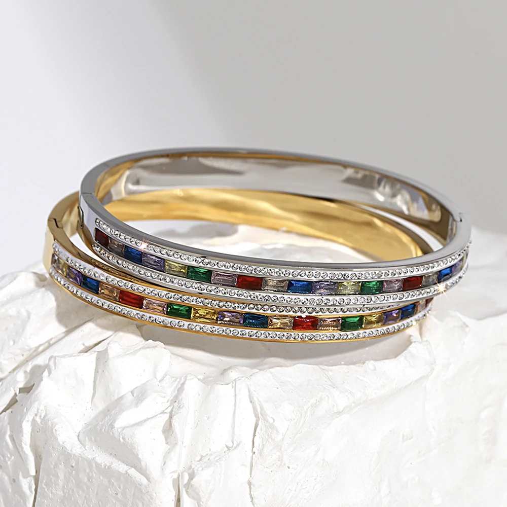 Greatera Luxury Colorful Cubic Zirconia Charm Bangles Bracelets for Women Gold Color Stainless Steel Rhinestone Bangle Jewelry