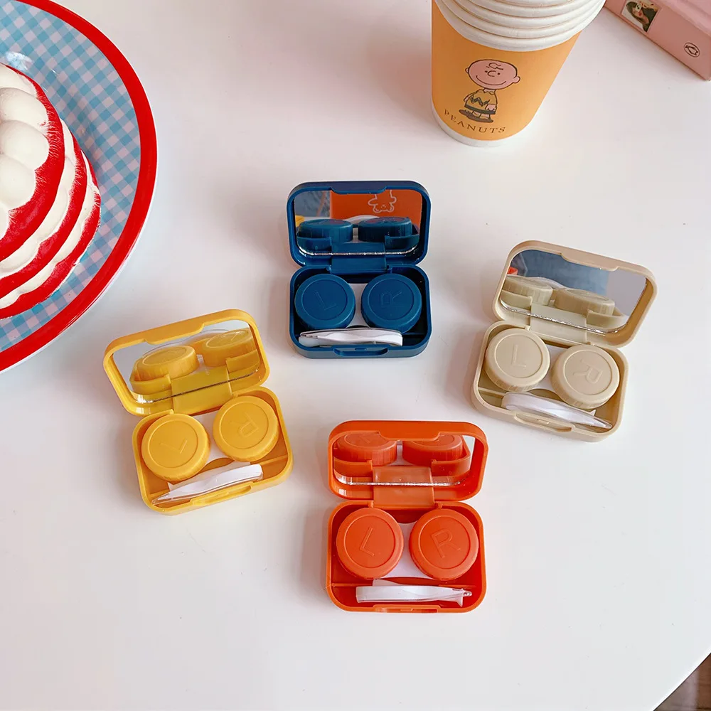 Women Travel Solid Square Contact Lens Box Container Gifts Ins Korean Cute Bear Contact Lens Cases with Tweezers Small Pocket