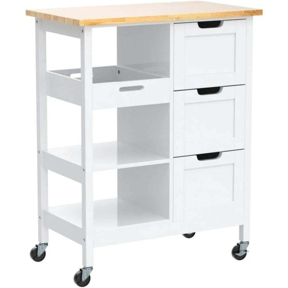 

Small rolling portable solid wood top kitchen island cart with wheels, storage space, 3 drawer cabinets, oak and white