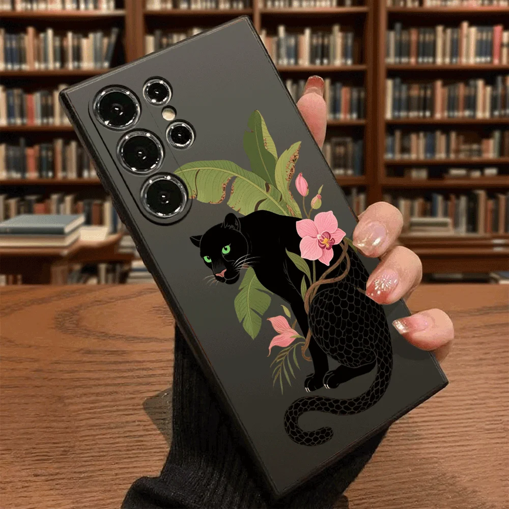 Чехол для телефона «Черная пантера» с розовыми листьями орхидеи для Samsung Galaxy S25 S24 Ultra S23 S22 S21 S20 FE Plus, мягкий защитный чехол из ТПУ