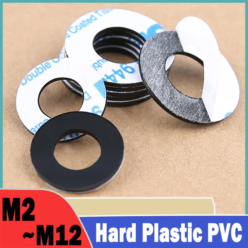 50~200Pcs M2 M2.5 M3 M4 M5 M6 M8M10M12 Hard Plastic PVC Washer Single-sided Adhesive Round Flat Pad Insulating Ring Spacer Black