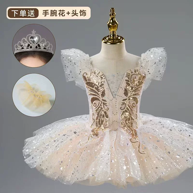 Romantisches Kinder-Ballett-Tutu-Kleid Mädchen-Tanzrock Goldener Pailletten-Ballettrock Aufführungskleidung Kinder Langes Prinzessinnenkleid – Detail 6