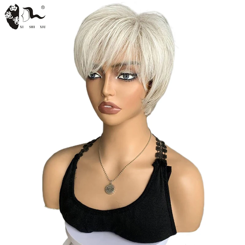 Short Mixed White Straight Hair Wigs For Women Pixie Cut Layered Wig With Bangs Synthetic Hair Wigs Cosplay Halloween Daily Wigs