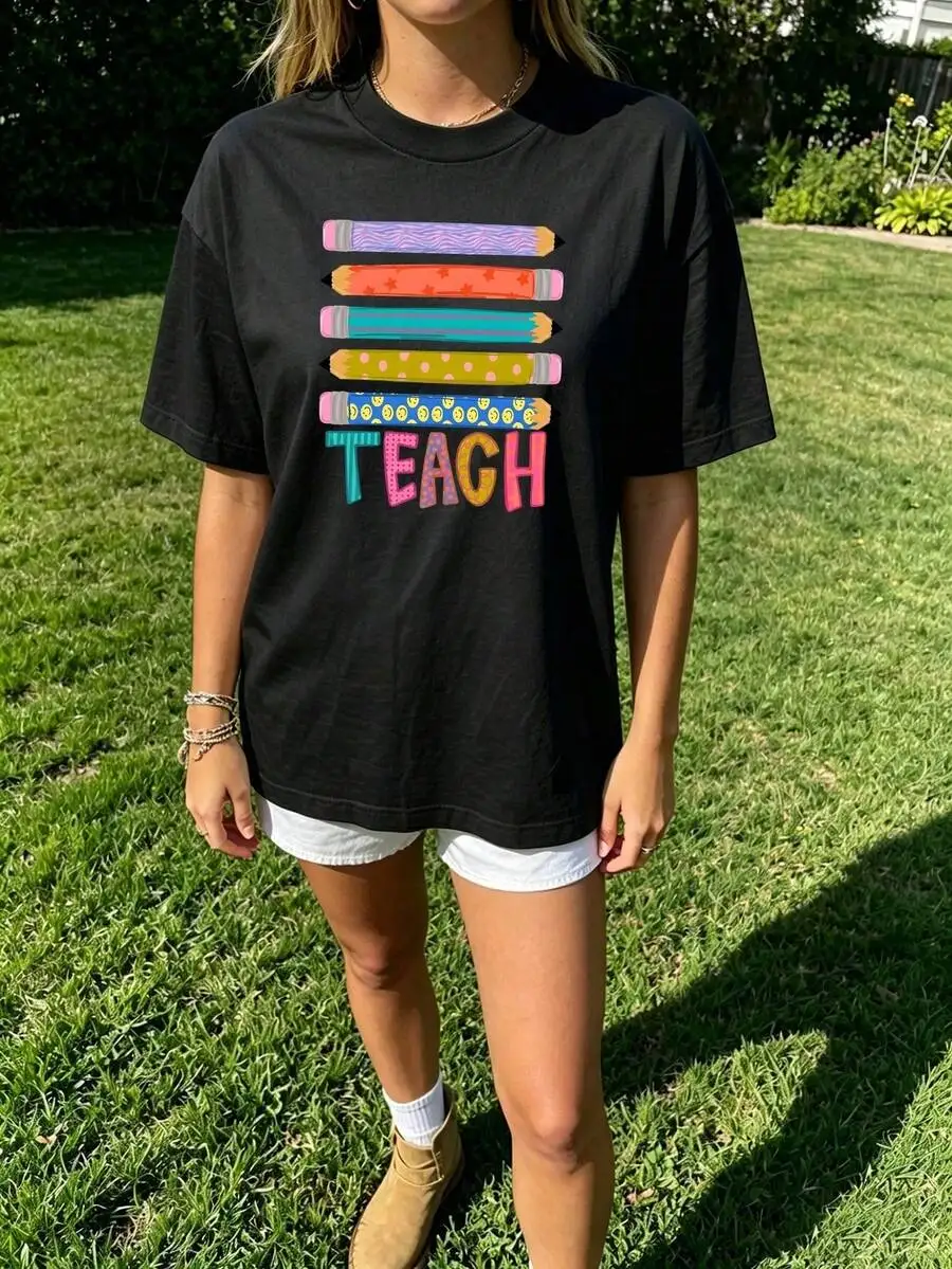 Summer Vacation Teacher Gift Graphic Tee Retro Teacher Pencil Print Crew Neck Short Sleeve Casual Tops