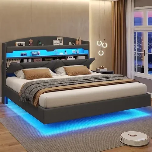 킹 침대 프레임 스토리지 헤드 보드 및 RGB LED 조명, C 타입 및 USB 충전 스테이션, PU 가죽 플랫폼 침대 프레임 
