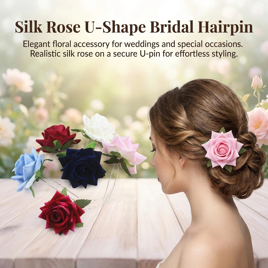 

Artificial-rose Hairpin Fork U Shape Design Alloy Hair Clip Fashion Bride Tiaras Wedding Hair Accessories Marriage Prom Headwear