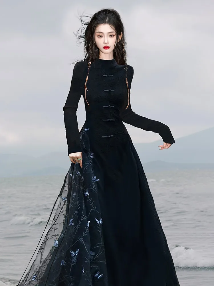 

New Chinese-style daily cheongsam dress a three-dimensional black long for women