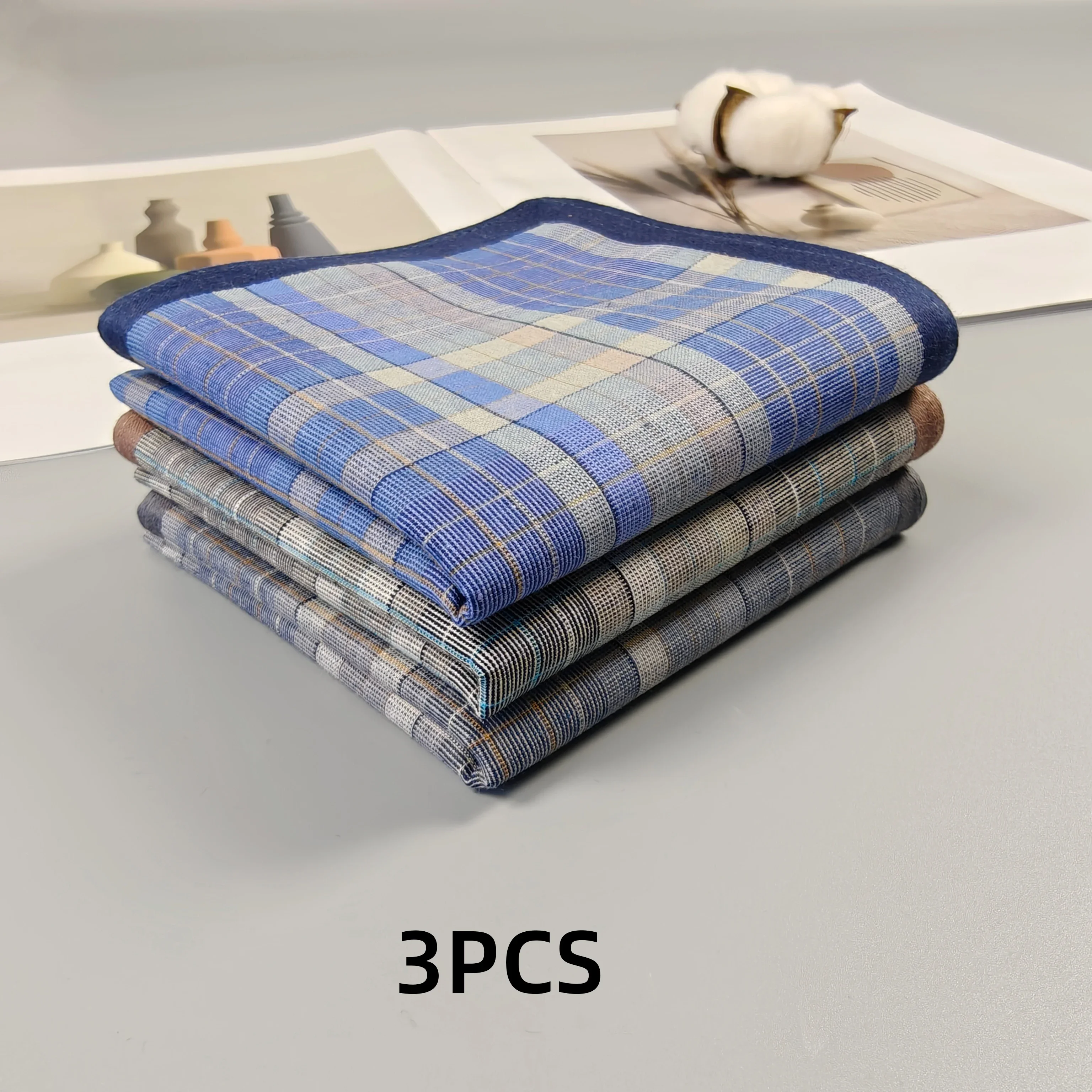 3PCS fabric handkerchief Thin style men's business plaid western cloth outdoor decorative handkerchief soft sweat 15.7 inch