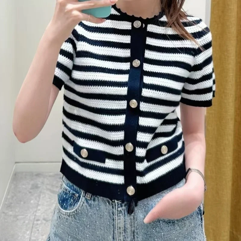   أوائل الخريف Bla الأبيض مخطط ort محبوك سترة مفتوحة Svel سترة Faionable Commute Sle المرأة متماسكة...