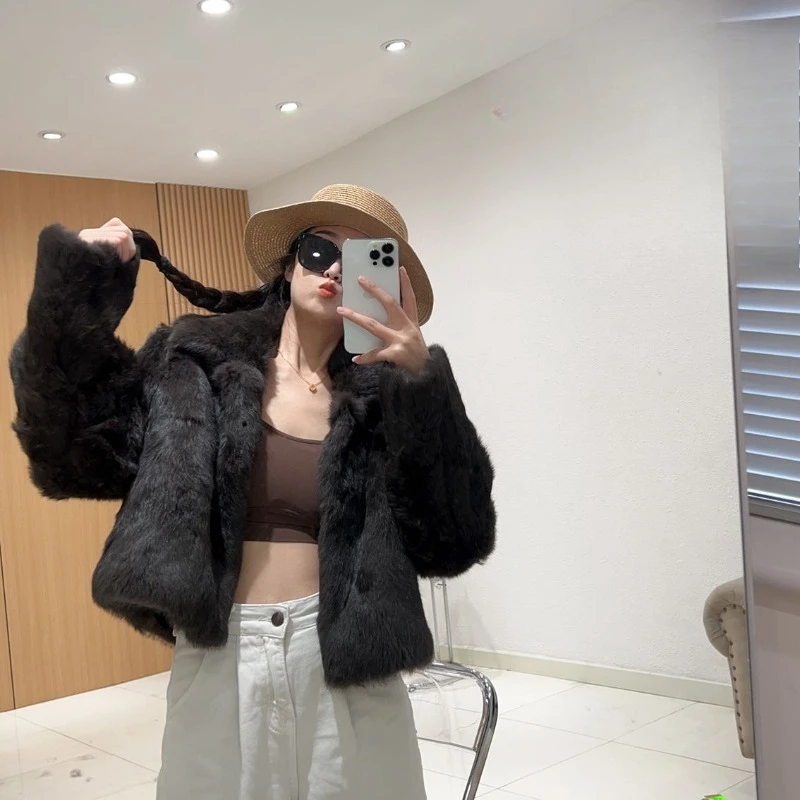Women's Clothing Retro Rabbit Fur Full Fur One Piece Short Coats High-end Coat Autumn Winter New Real Fur Coat Long-sleeved Top