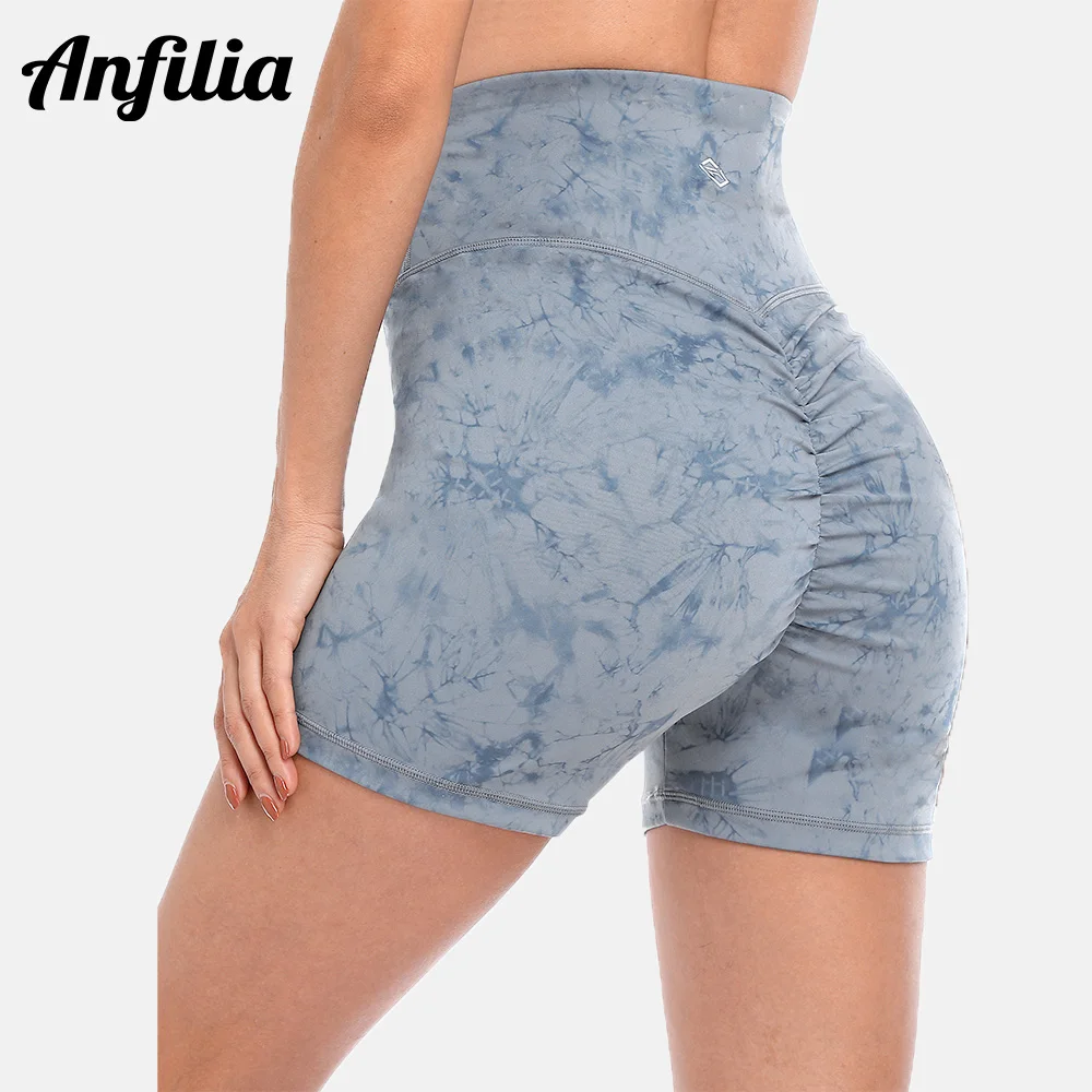 Anfilia Women Yoga Shorts Tie-Dye Tummy Control Scrunch with Hidded Pocket High Waist High Elastic Gmy Running Fitness Shorts