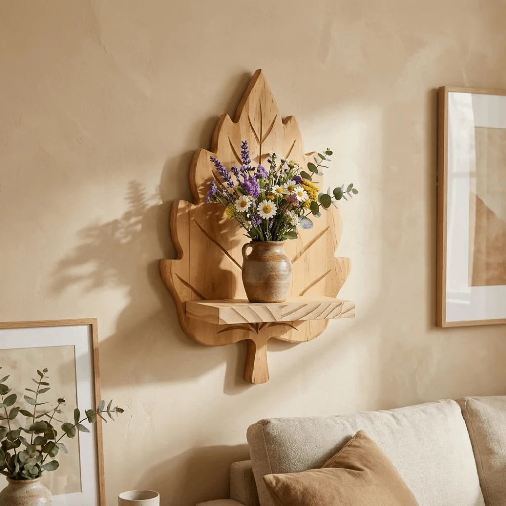 Wooden Maple Leaf Wall Shelf Stable Decorative Wall Mounted Leaf Shelf with Screws Nature Style Plants Display Stand