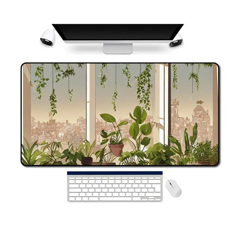 Plants Desk Mat Green Plant Lovers City Living Large Mouse Pad Aesthetic Cute Keyboard Pads 400x900MM Table Mat Precision Edges