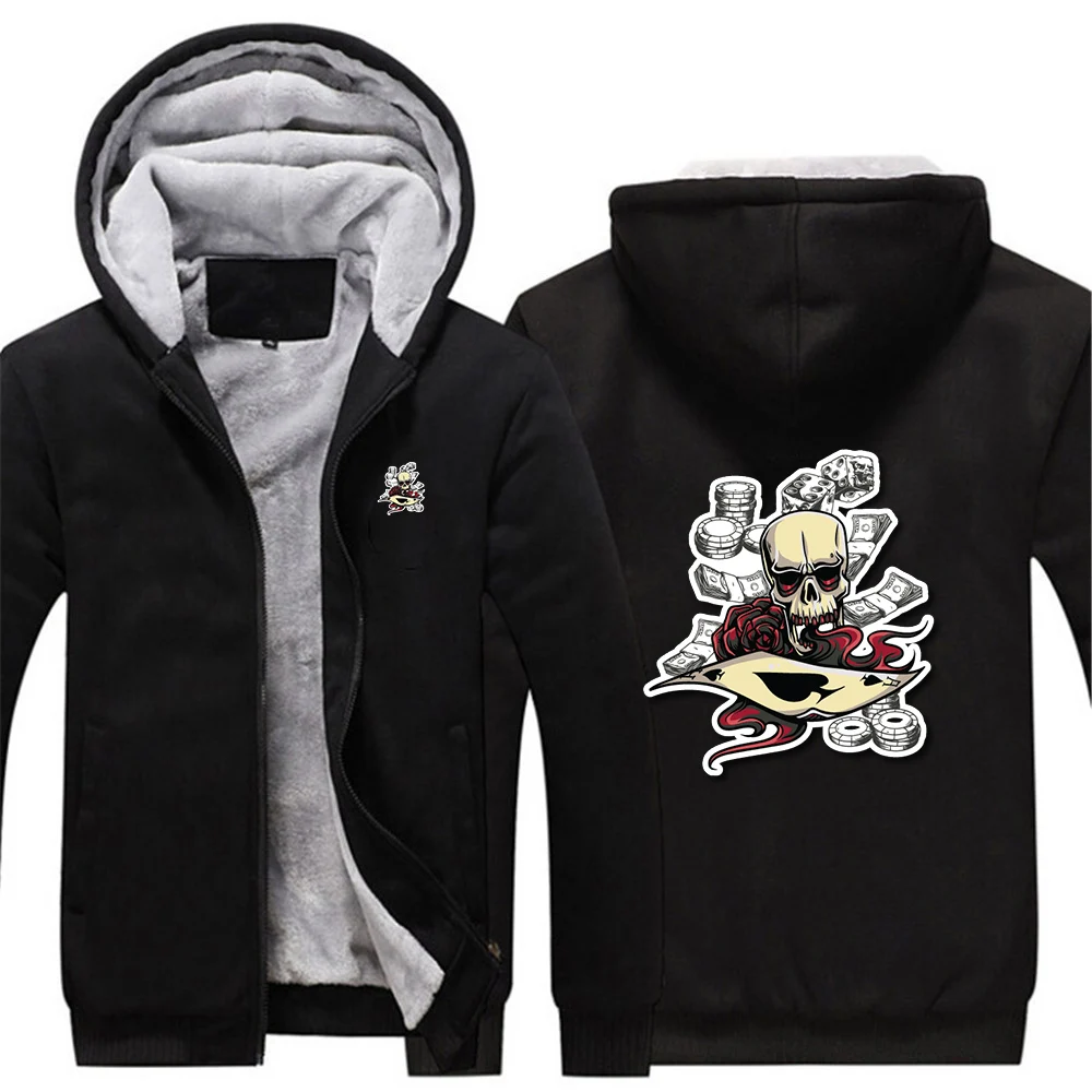 2025 خريف شتاء جديد الرجال الجمجمة بوكر رقاقة نمط طباعة بلوزات الدافئة رشاقته الصوف هوديس الهيب هوب معطف مريح