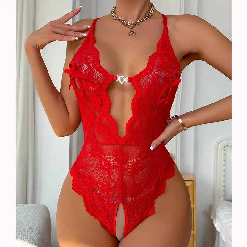 Hot Temptation Crotchless Bodysuit Perspective Hollow Porn Pajamas Erotic Costumes Open Bow Bra Corset Sexy Lingerie For Women