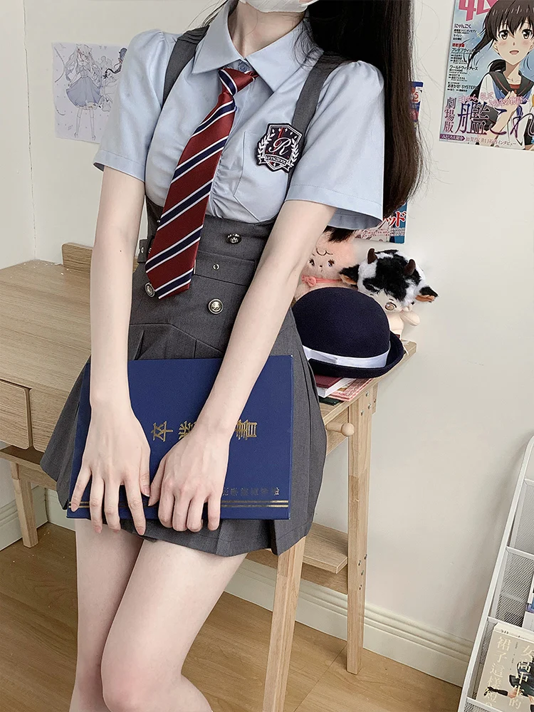 Japanese Preppy Style Uniform Suspender Dress Sets Polo Collar Blue Shirt High Waist Slim-Fit Pleated Dress Two-Piece Set Women