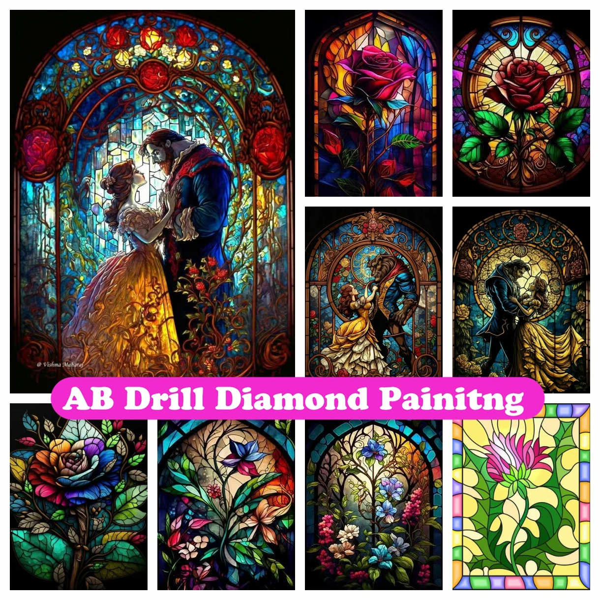 

Stained Glass Beauty and the Beast Flowers 5D DIY AB Diamond Painting Embroidery Cross Stitch Art Mosaic Home Decor 2023 New