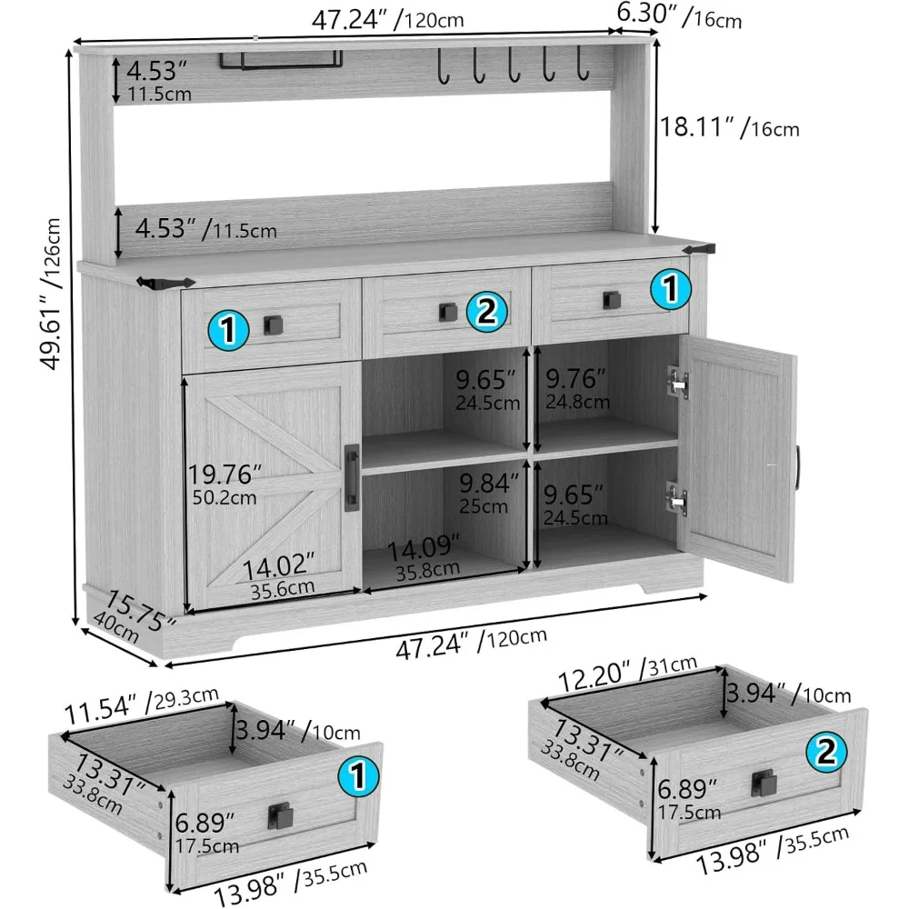 Bauernhaus-Barschrank mit Schrank, Küchenbuffetschrank mit Aufbewahrungsschrank und 3 Schiebeschubladen, verstellbares Regal, Kelchhalter